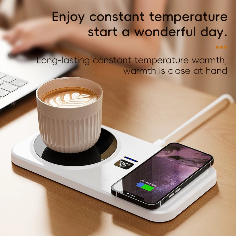 2 in 1 Wireless Charging Thermostatic Cup Mat Coffee milk Heating Cup Three Gears Heating  Control Cup Mat