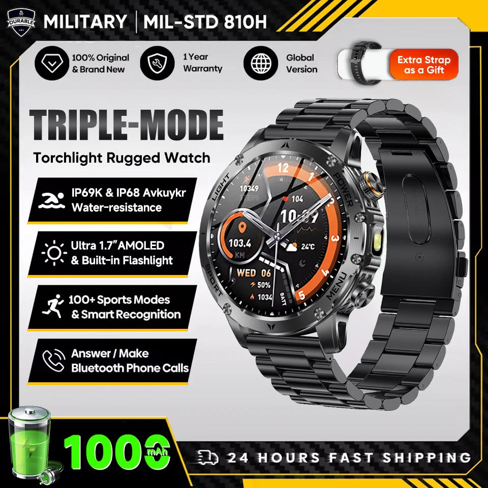 2025 New Military T-Rex 3 Ultra 1000mAh Battery Smart Watch 5ATM Waterproof Flashlight Heart Rate Sports tracker Smartwatch Men
