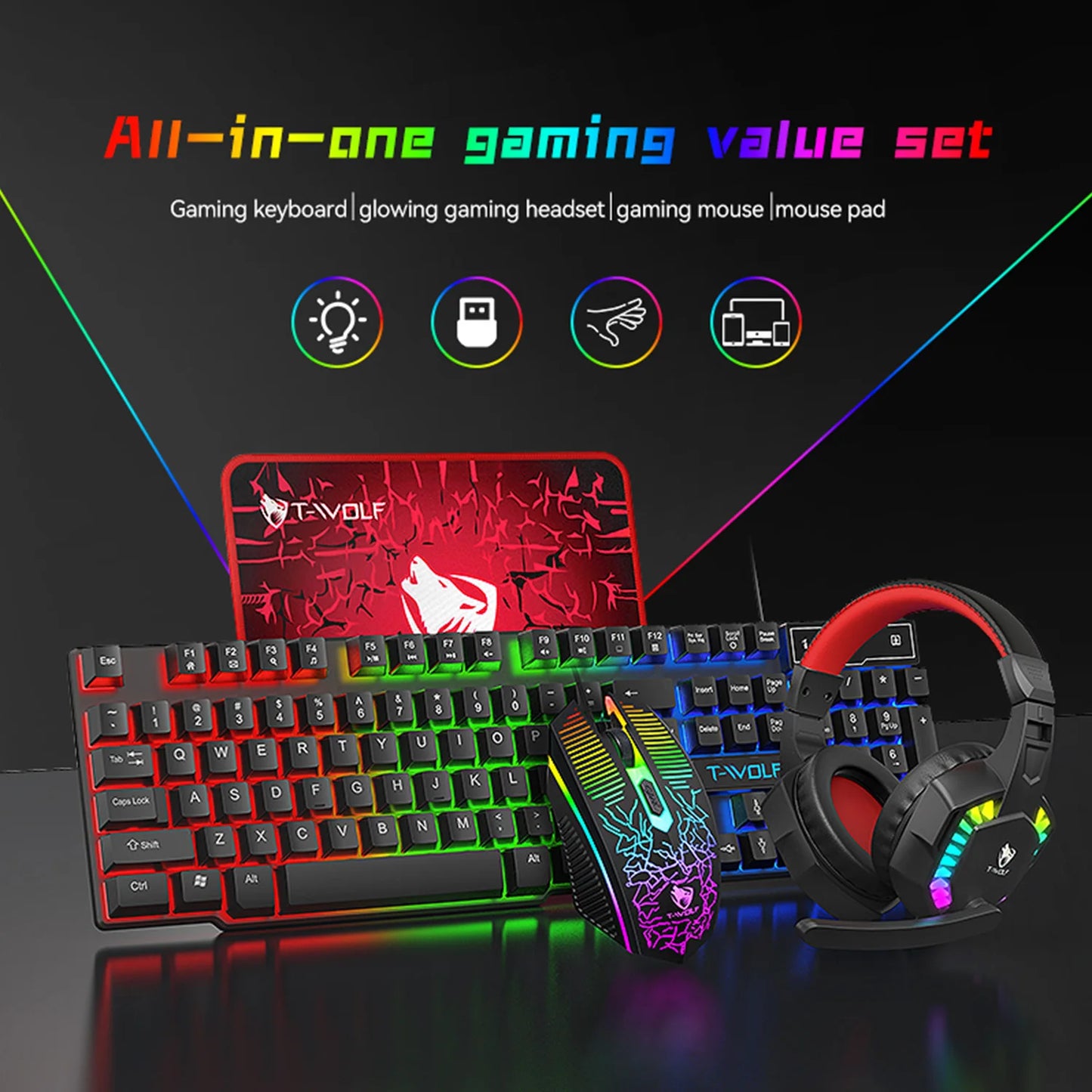 USB Keyboard And Mouse Gaming Headset Combos 4 In 1 English Gaming Wired RGB Keyboard Mouse Set With Mouse Pad and Headphones