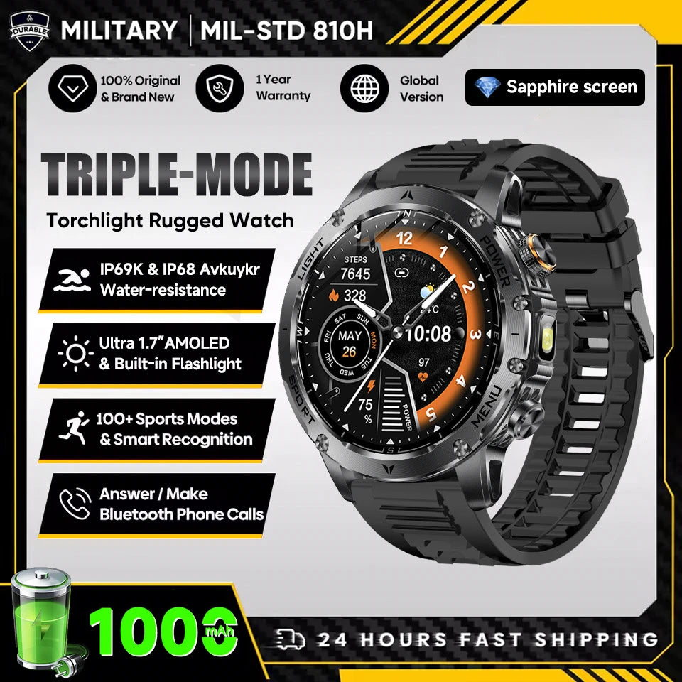 2025 New Military T-Rex 3 Ultra 1000mAh Battery Smart Watch 5ATM Waterproof Flashlight Heart Rate Sports tracker Smartwatch Men