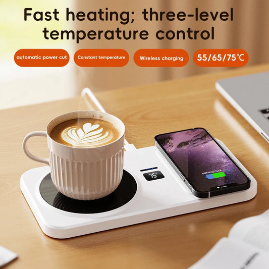 2 in 1 Wireless Charging Thermostatic Cup Mat Coffee milk Heating Cup Three Gears Heating  Control Cup Mat