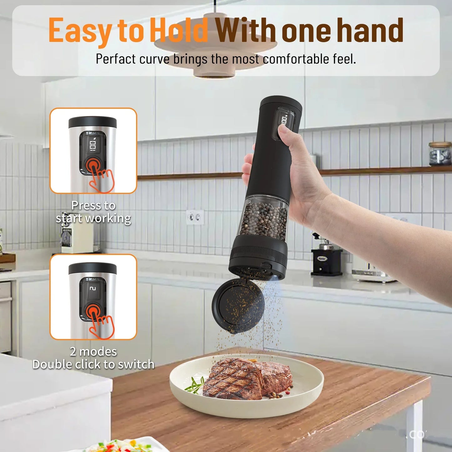 Electric Automatic Pepper and Salt Grinder Set with Rechargeable Base LED Electricity Indicator Adjustable Coarseness Kitchen