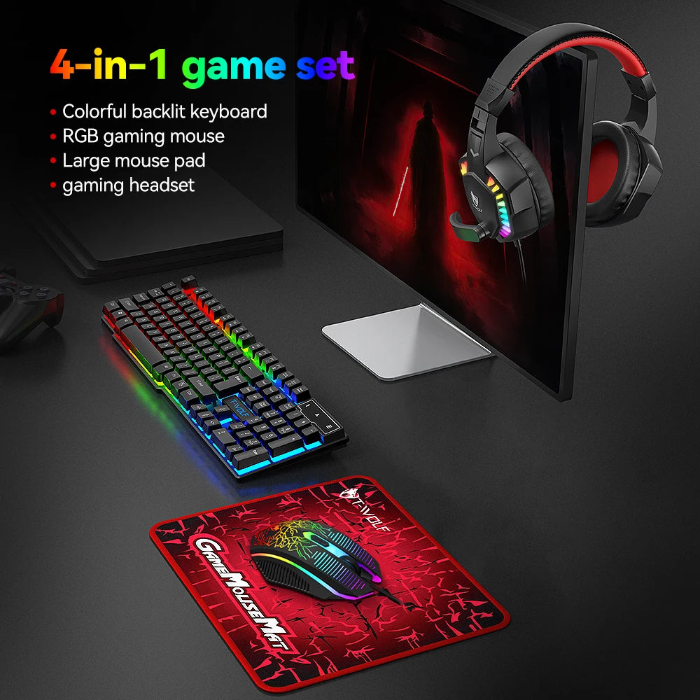 USB Keyboard And Mouse Gaming Headset Combos 4 In 1 English Gaming Wired RGB Keyboard Mouse Set With Mouse Pad and Headphones