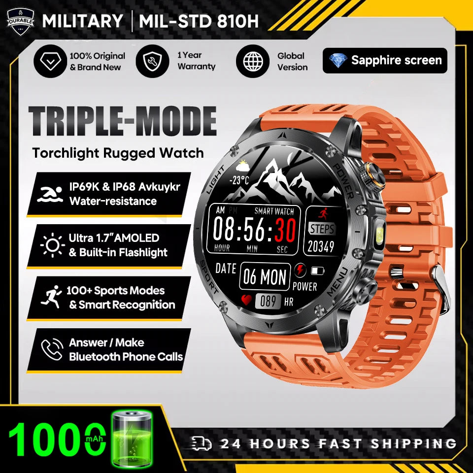 2025 New Military T-Rex 3 Ultra 1000mAh Battery Smart Watch 5ATM Waterproof Flashlight Heart Rate Sports tracker Smartwatch Men